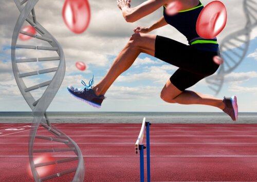 Athlete jumping over a hurdle on a track with medical and genetic graphics overlay, representing sports performance and injury care services provided by merritt island foot and ankle.